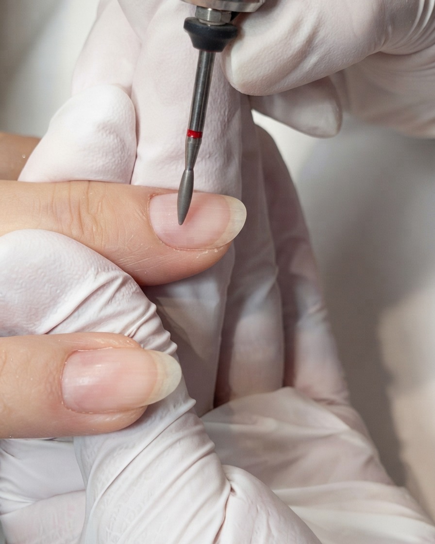An electric file with a fine drill bit smoothing the sidewall of a prepped natural nail.