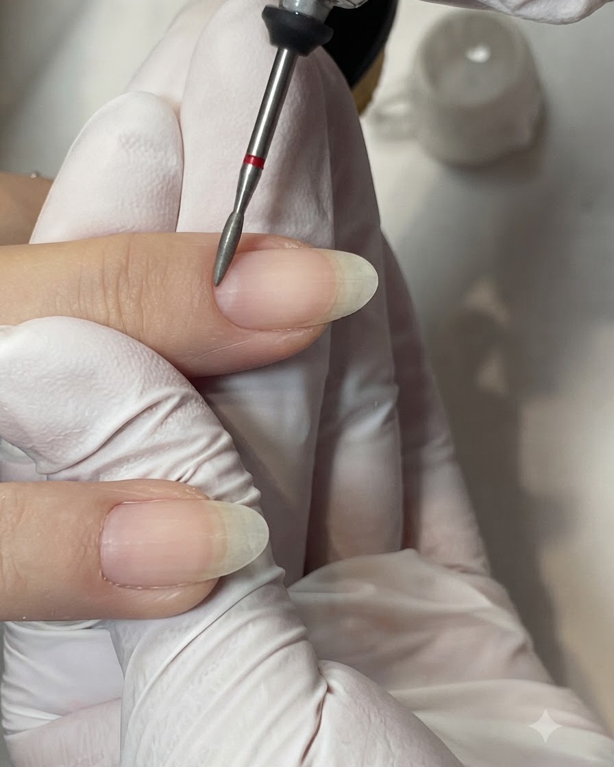A close-up view of a clean natural nail ready for gel application after a final dust-off.