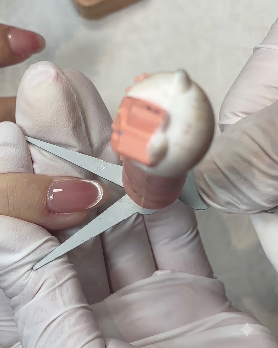 A fingernail curing under the purple light of a compact UV or LED lamp.