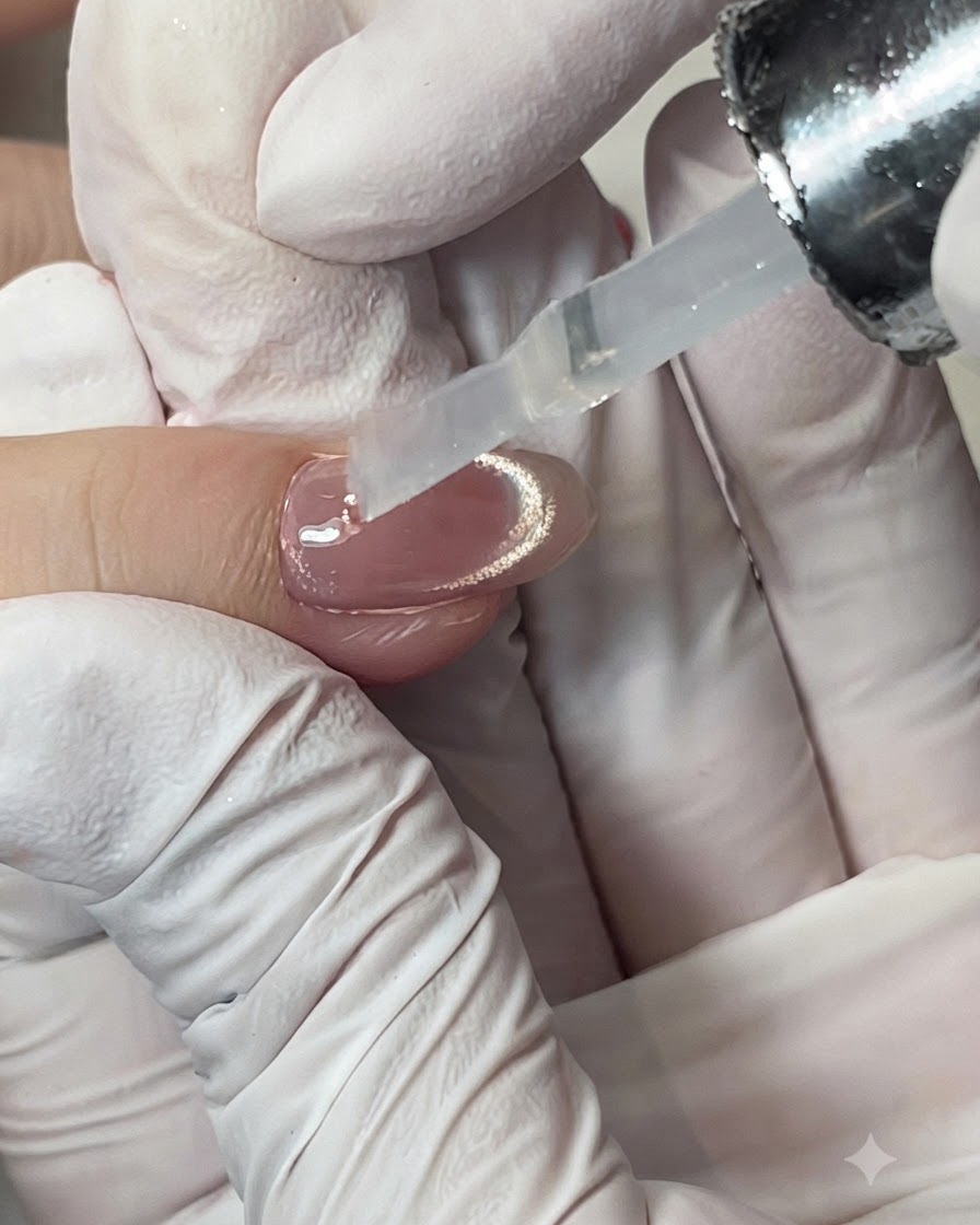 A gloved hand holding a brush applicator over a bottle of peach-pink blooming gel.
