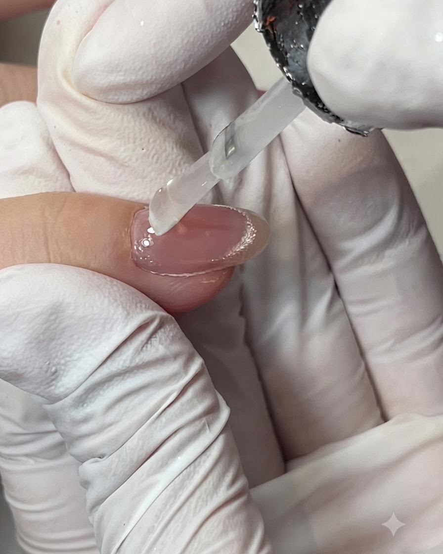 A gloved hand dabbing polish onto a sponge applicator tool.