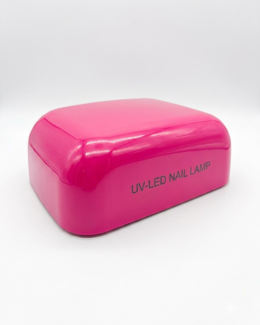 A pink UV-LED nail lamp used for curing gel polish layers during a manicure tutorial.
