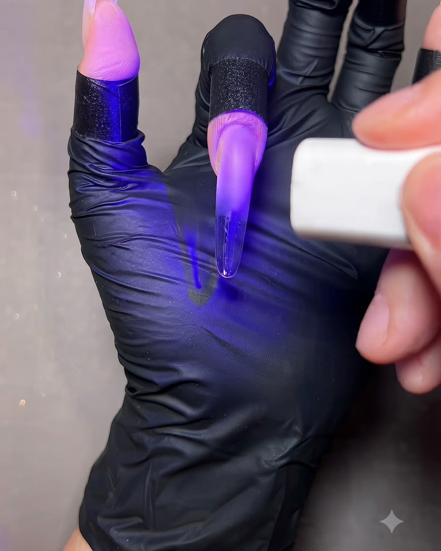A finger with a clear nail extension held under the purple light of a portable UV/LED lamp.