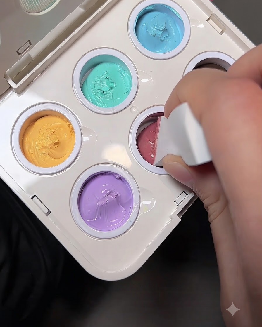 A white wedge makeup sponge being pressed into a small well of peach-colored gel on a mixing palette.