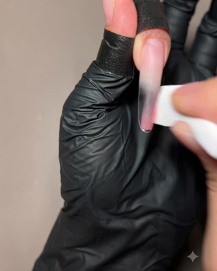 A hand using a makeup sponge to dab a sheer peach gel onto the lower half of a long nail extension.