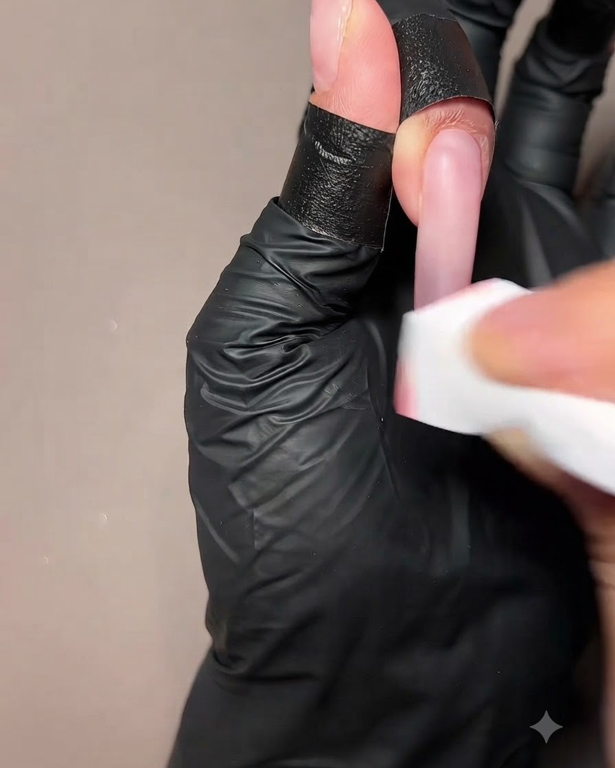 A hand wiping the free edge of a nail extension with a cleansing wipe.