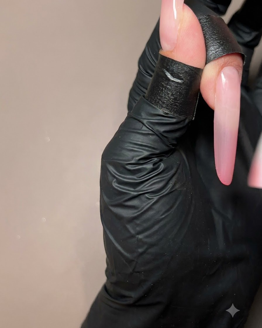 A gloved finger showing a peach gradient ombre layer applied on a long nail extension.