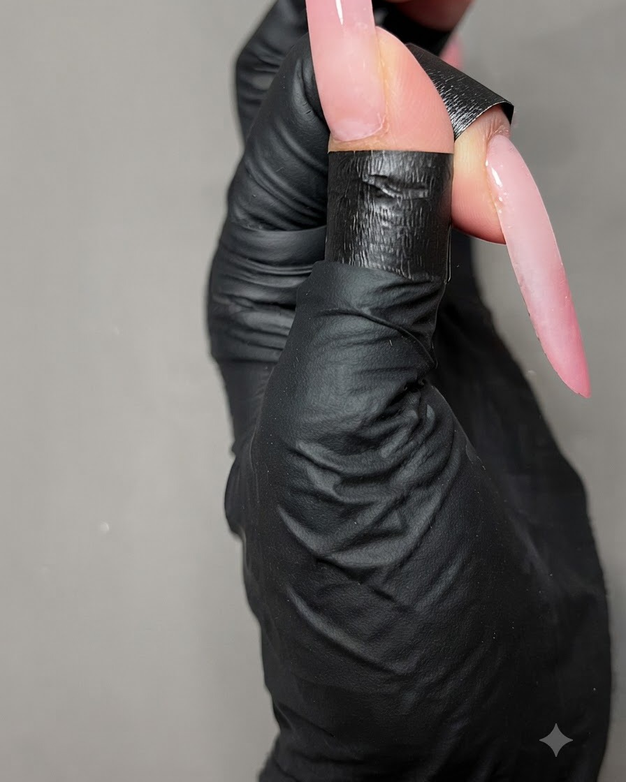 A close-up view of a long nail extension being cured.