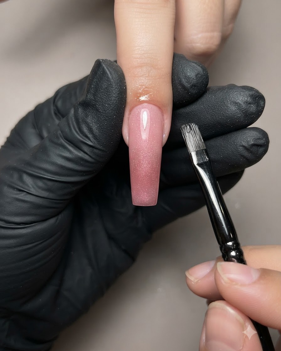 A magnetic tool held near a manicured nail to shape cat-eye gel pigments.
