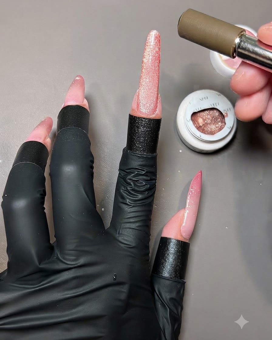 A magnet shaping the cat-eye reflection on a hand with multiple finished nail extensions.