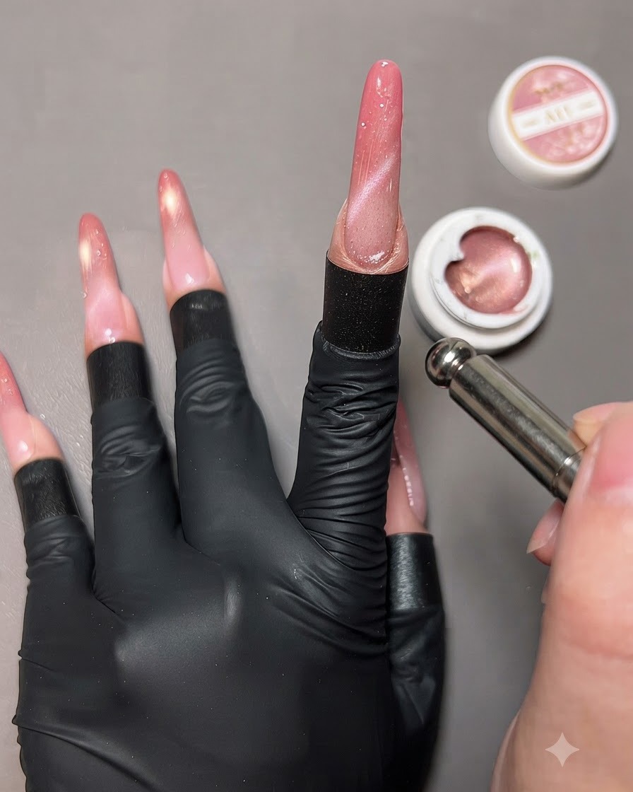 A magnetic tool held near a hand with finished cat-eye gel nails, surrounded by open gel pots.