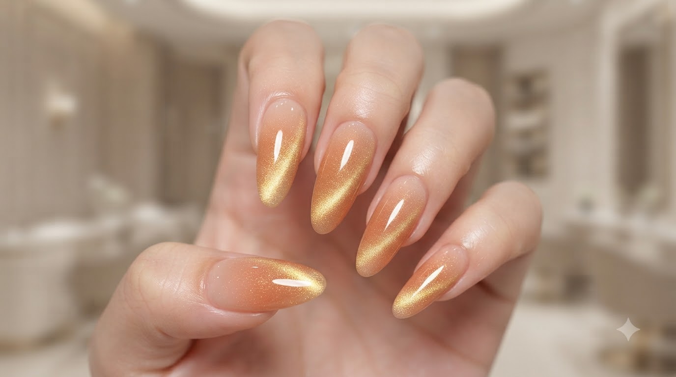 Peach Ombre and Gold Cat-Eye Gel Nails — Step-by-Step Tutorial