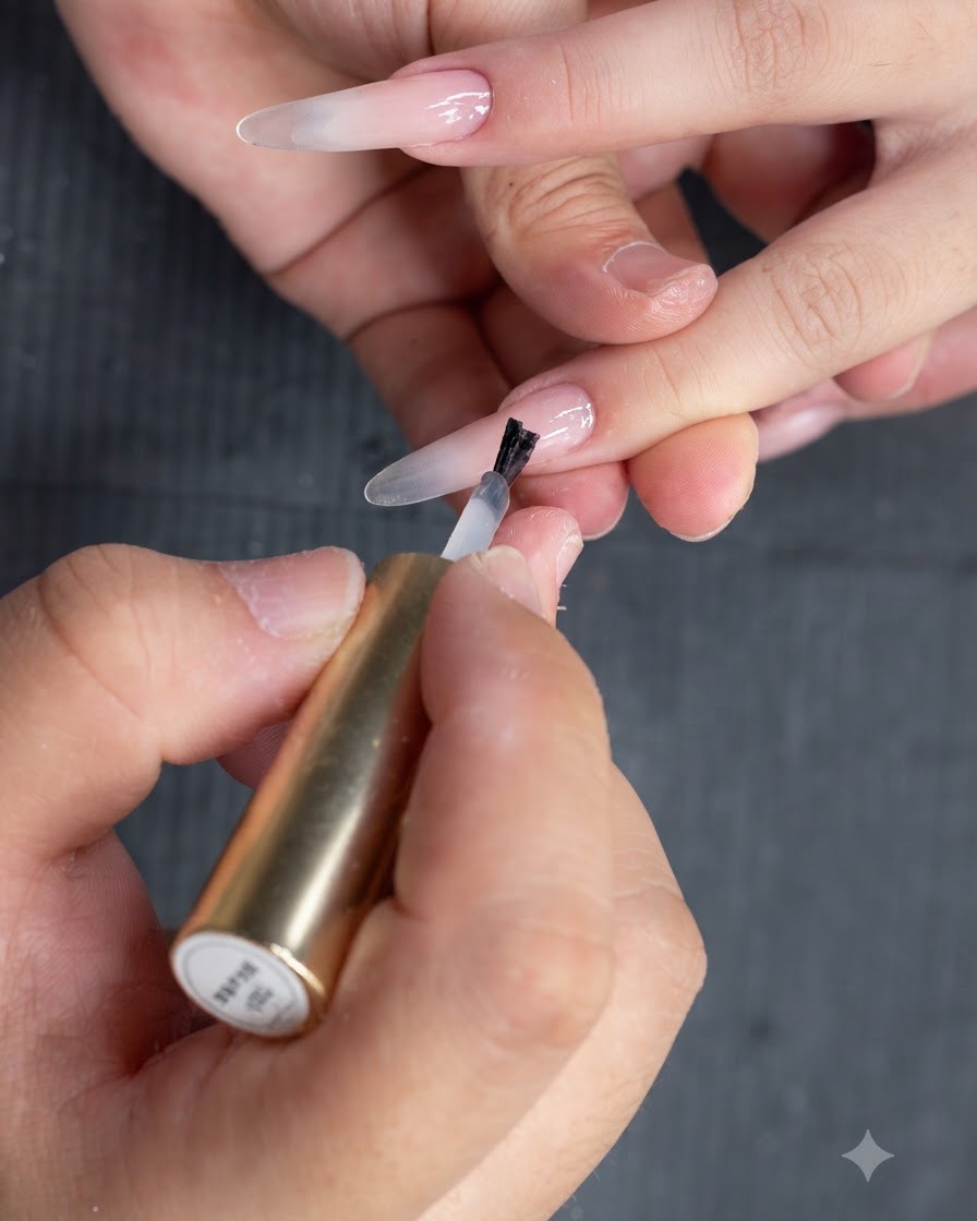 A close-up view of a hand applying a sheer nude base coat onto a natural nail using a brush.