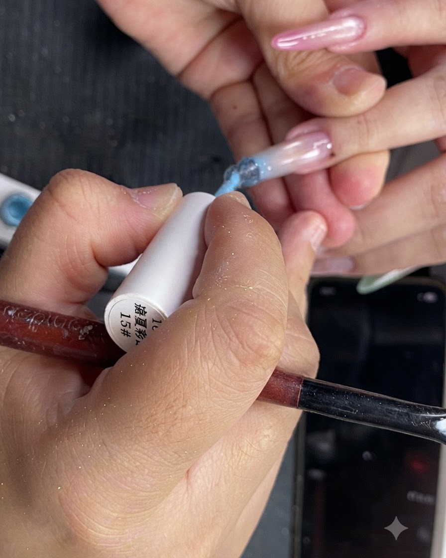 A close-up image of translucent yellow gel polish being applied to the upper half of a ring fingernail.