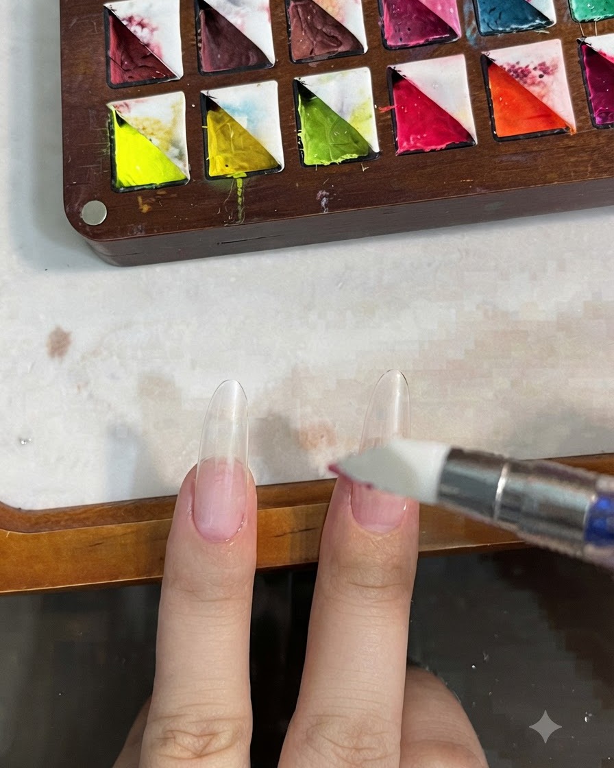 A silicone nail brush applying base gel onto the natural nail plate.