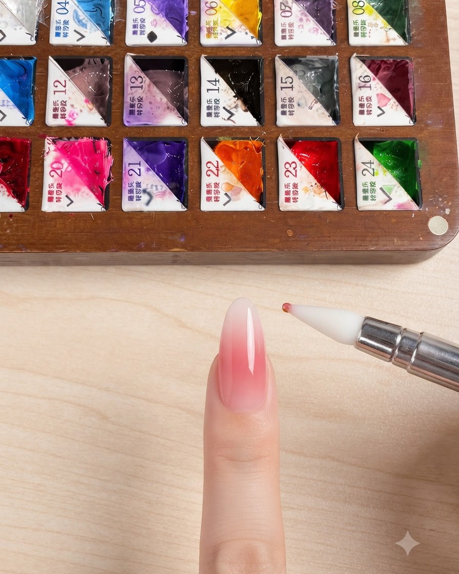 A silicone nail tool applying a small dot of yellow gel to the tip of an almond-shaped nail with a pink blush base.