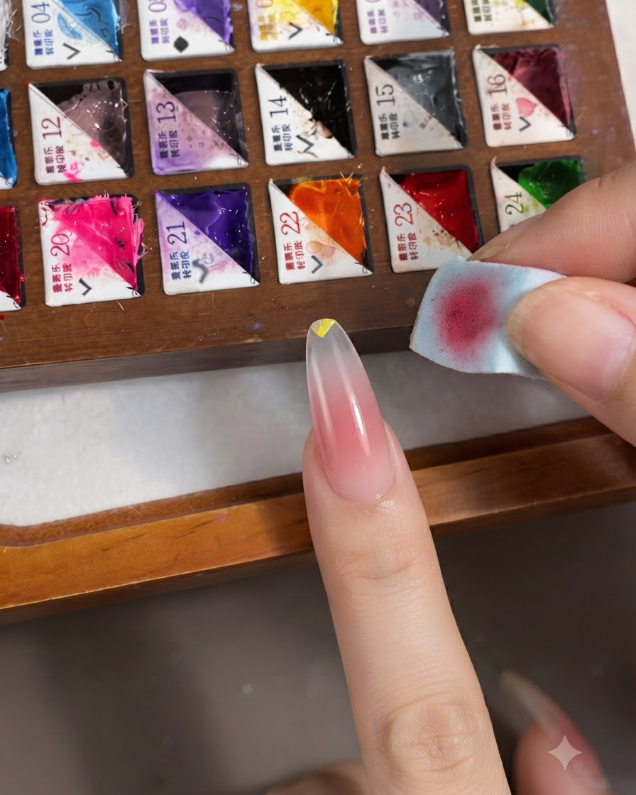 A hand holding a small piece of cosmetic sponge, lightly dabbing the yellow gel at the tip of the nail to blend it into the pink base.