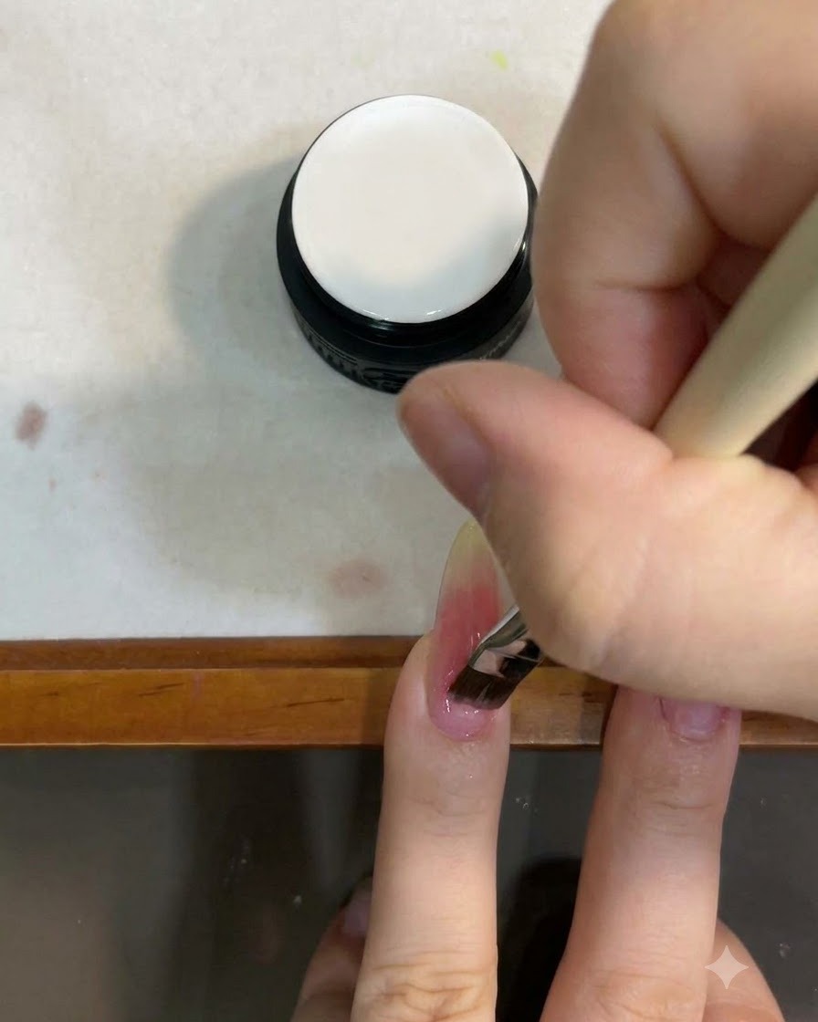 A brush applying a layer of milky white cat eye gel over a gradient nail.