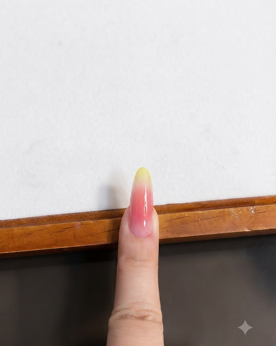 A manicured finger positioned under a nail lamp to cure the cat eye layer.
