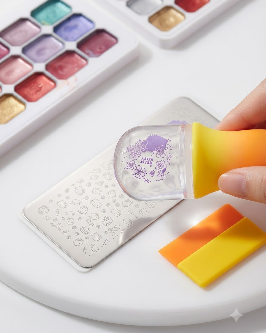 An orange scraper card wiping excess purple gel flat across a metal stamping plate.