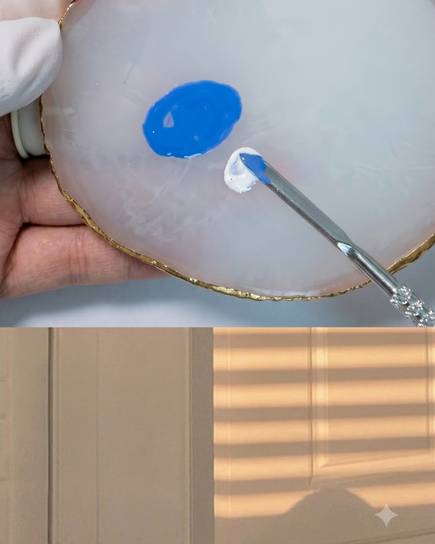 A mixing tool combining fresh white gel into a blue polish pool on a palette.