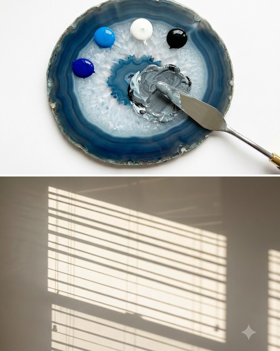 A spatula mixing white and black gel to form a smooth light grey shade on a blue agate palette.