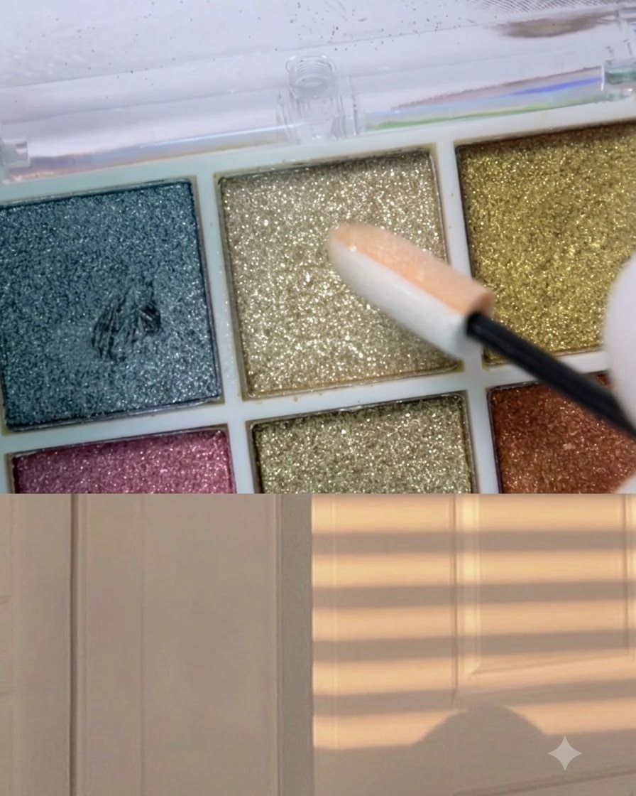 An eyeshadow applicator picking up champagne gold chrome powder from a makeup palette.