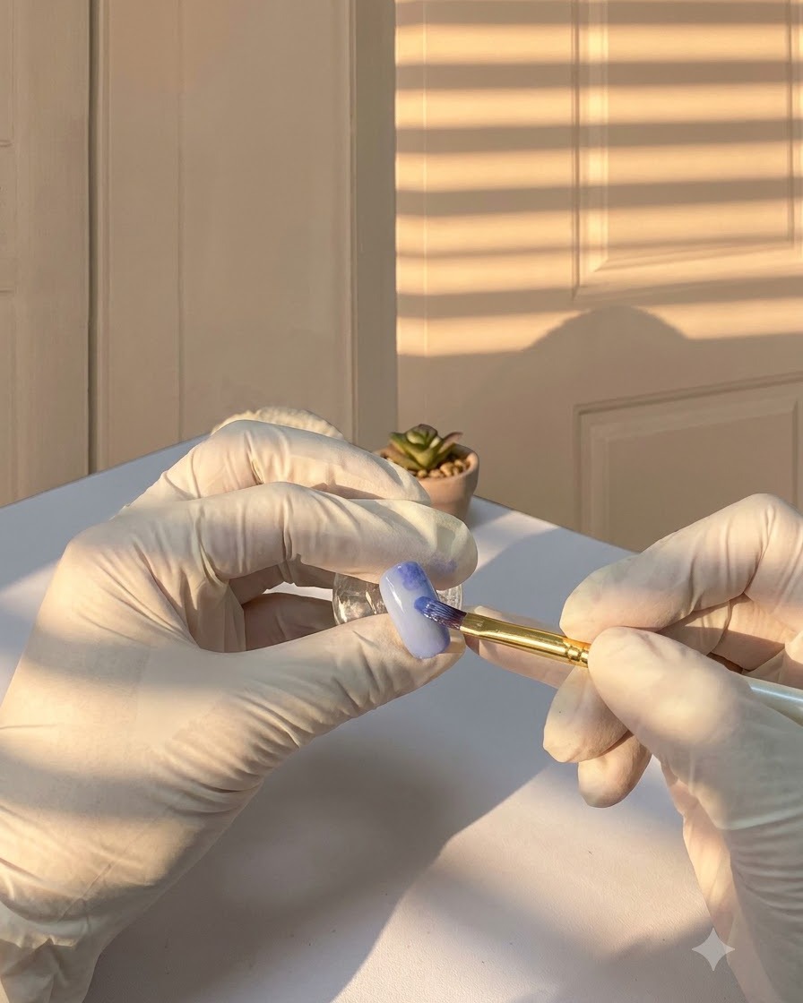 A detail brush dabbing dark blue pigment into wet blooming gel on a nail.