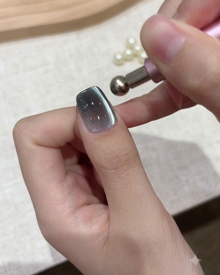 A small spherical magnet tool held close to the cuticle of a gel-polished nail to shift shimmer particles.
