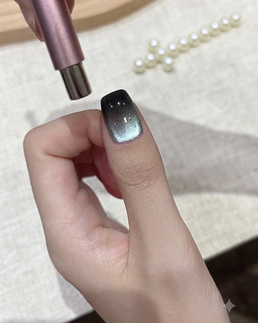 A cylindrical magnet hovering near the right edge of a cat-eye gel painted nail.