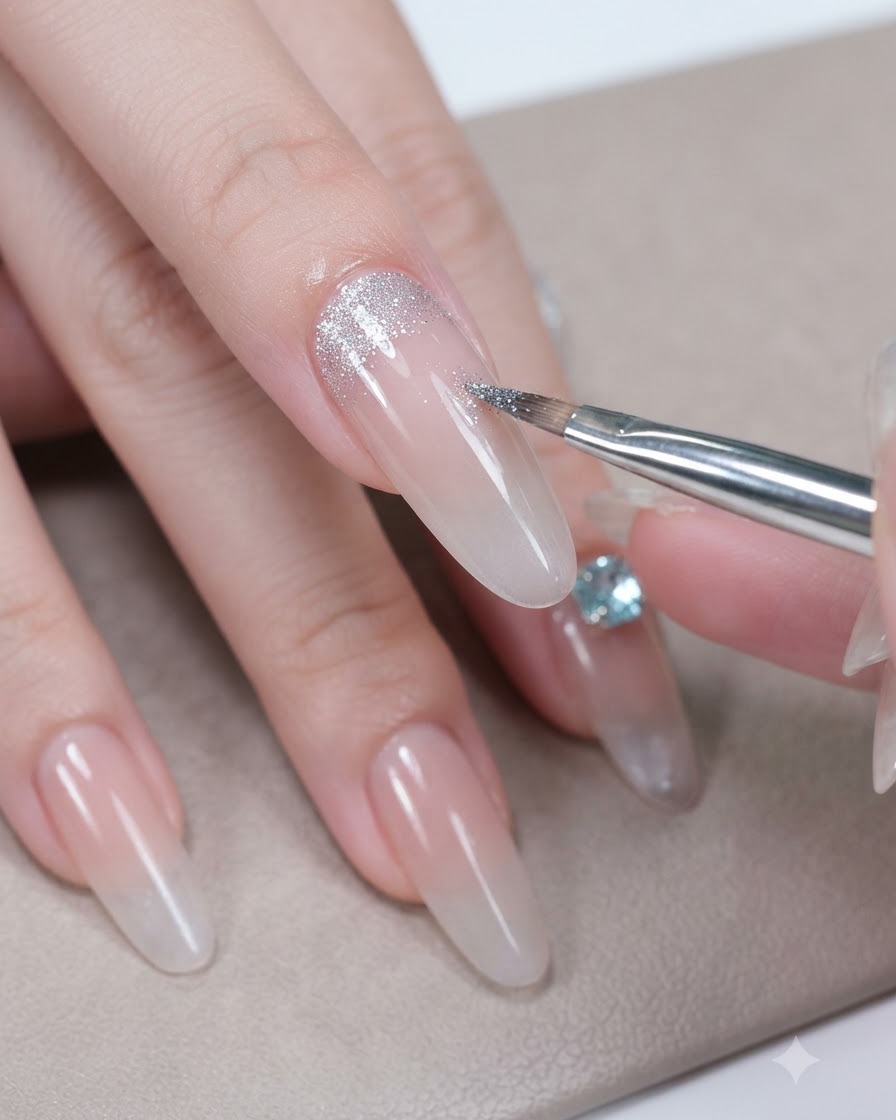 A detailed shot of a nail brush applying crushed diamond gel and silver sequins near the cuticle area of a nail.