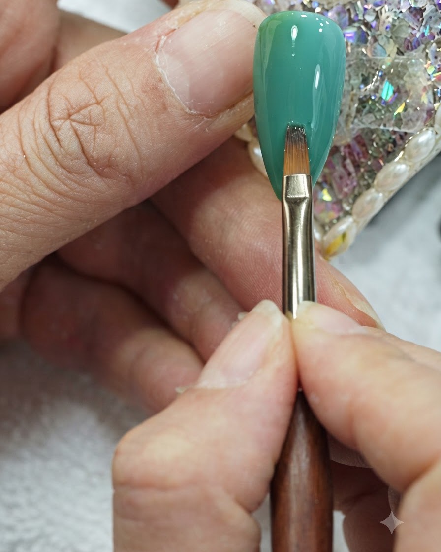 A flat nail art brush performing gentle vertical strokes across the center of a green and teal gradient nail.