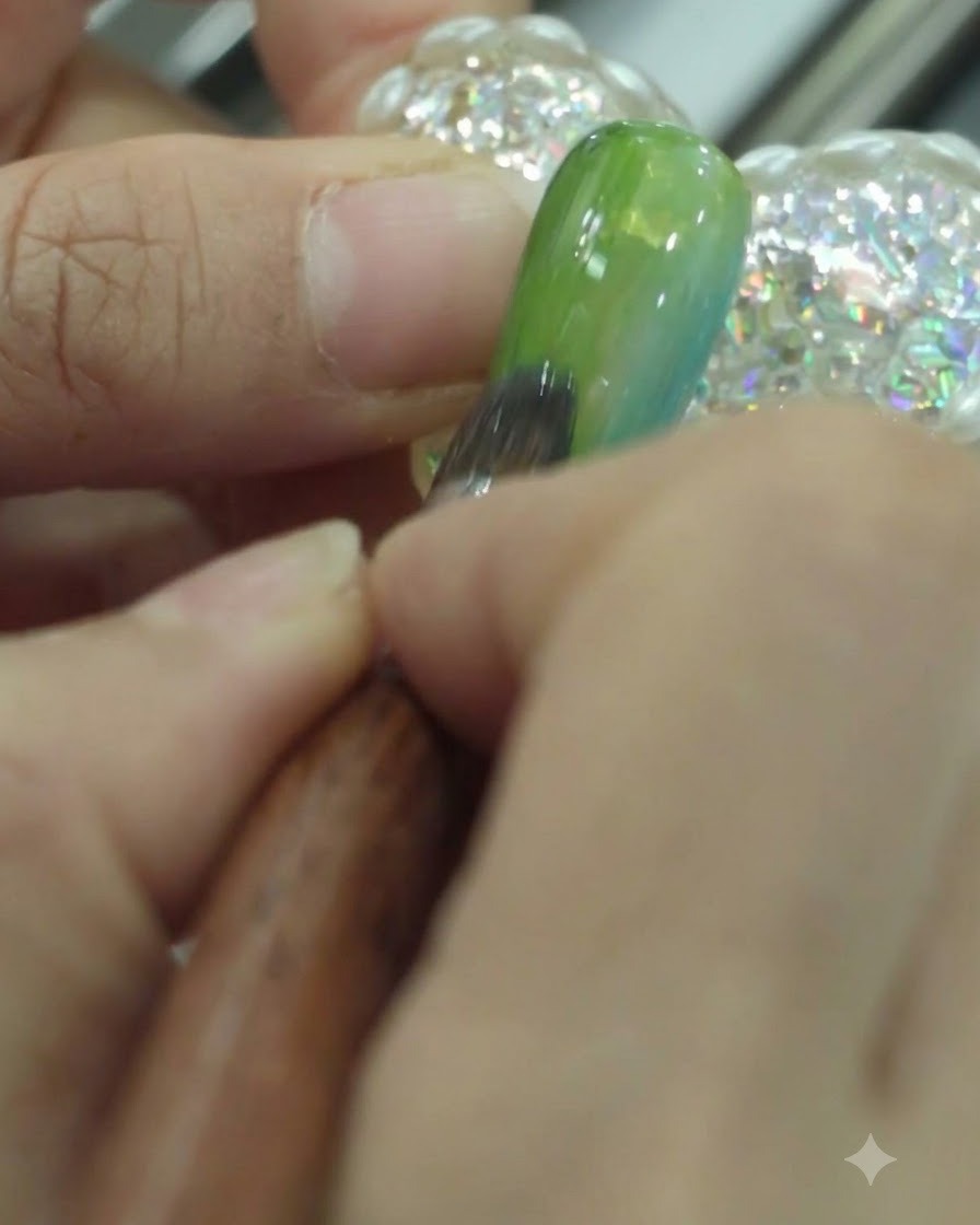 A brush adding a second layer of dark green gel polish to the left side of a gradient nail.
