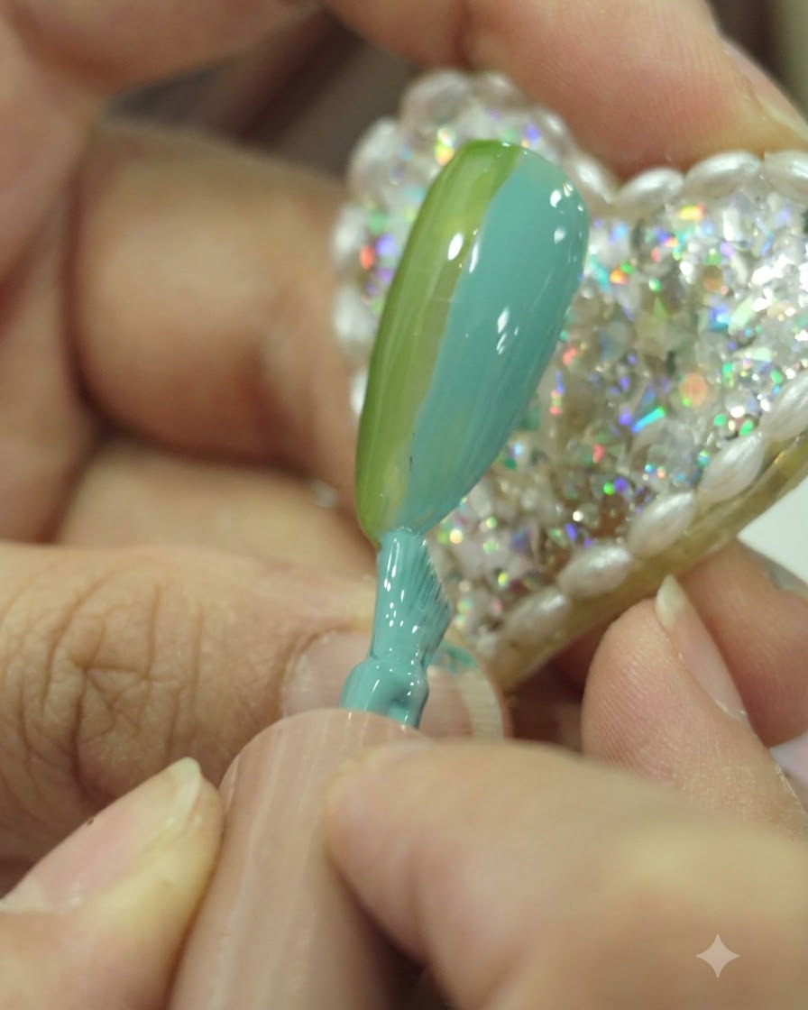 A close-up of a nail brush applying teal gel polish right next to the green section on the nail surface.