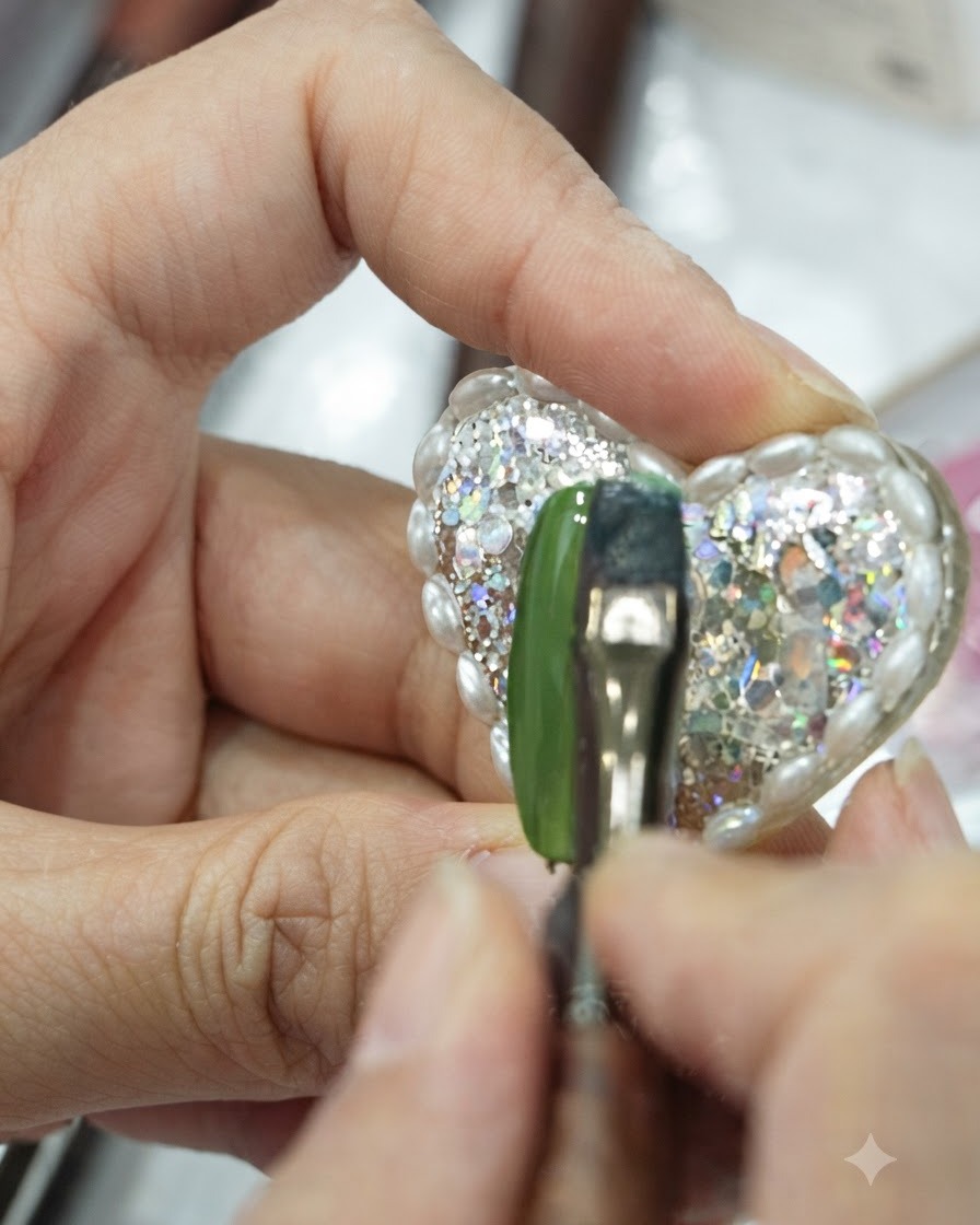 A detailed close-up showing a soft blending brush gently smoothing the transition between a deep blue and a vibrant green gel layer on an artificial nail.