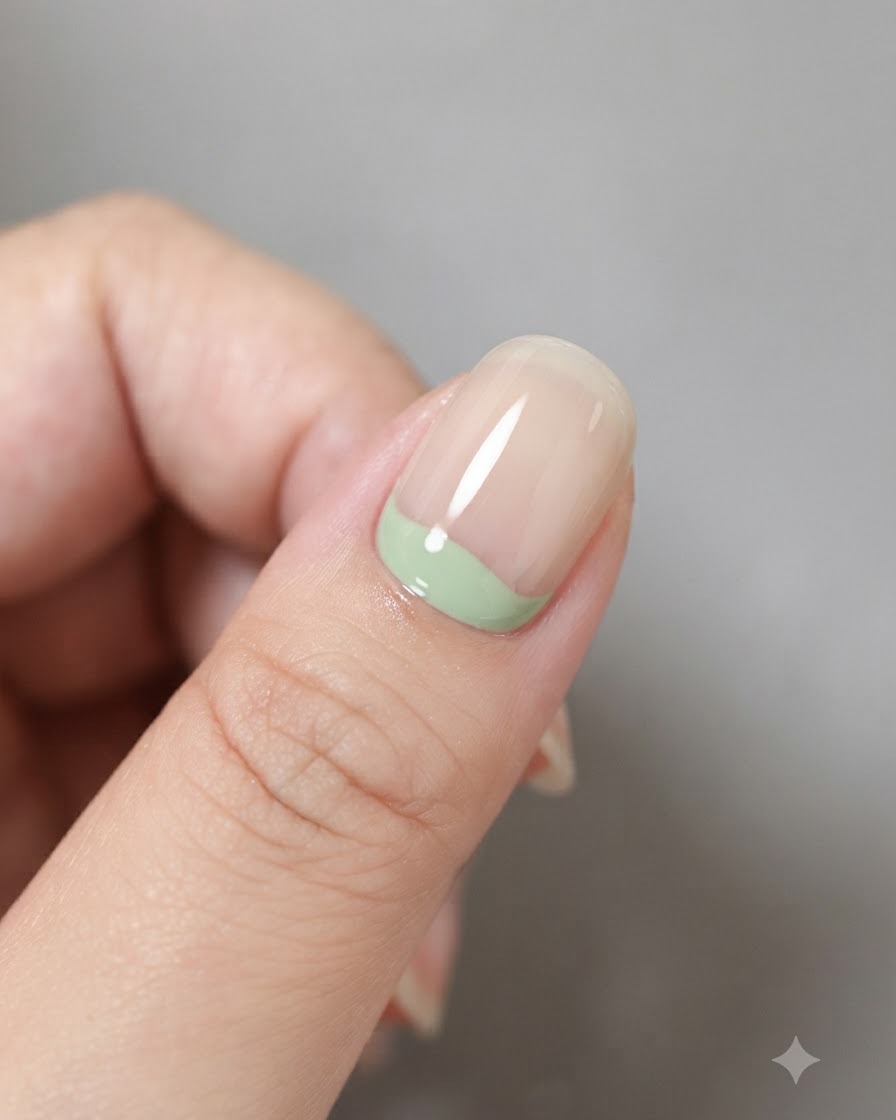 A close-up of a fingernail with a curved band of milky green gel applied to the cuticle area.