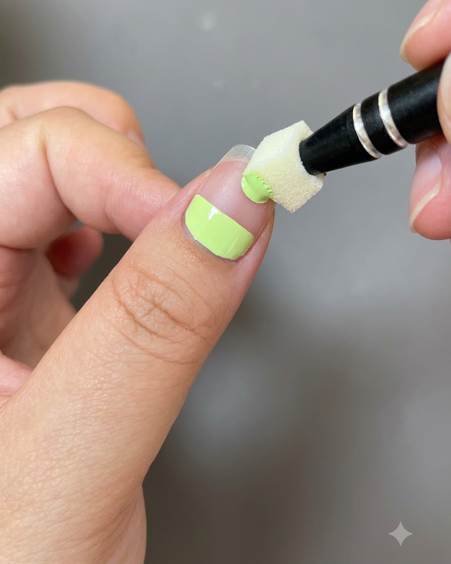 A small sponge tool dabbing the edge of green gel on a fingernail.