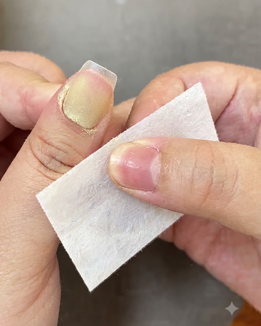 A lint-free cleansing wipe cleaning around the cuticle area of a prepped nail.