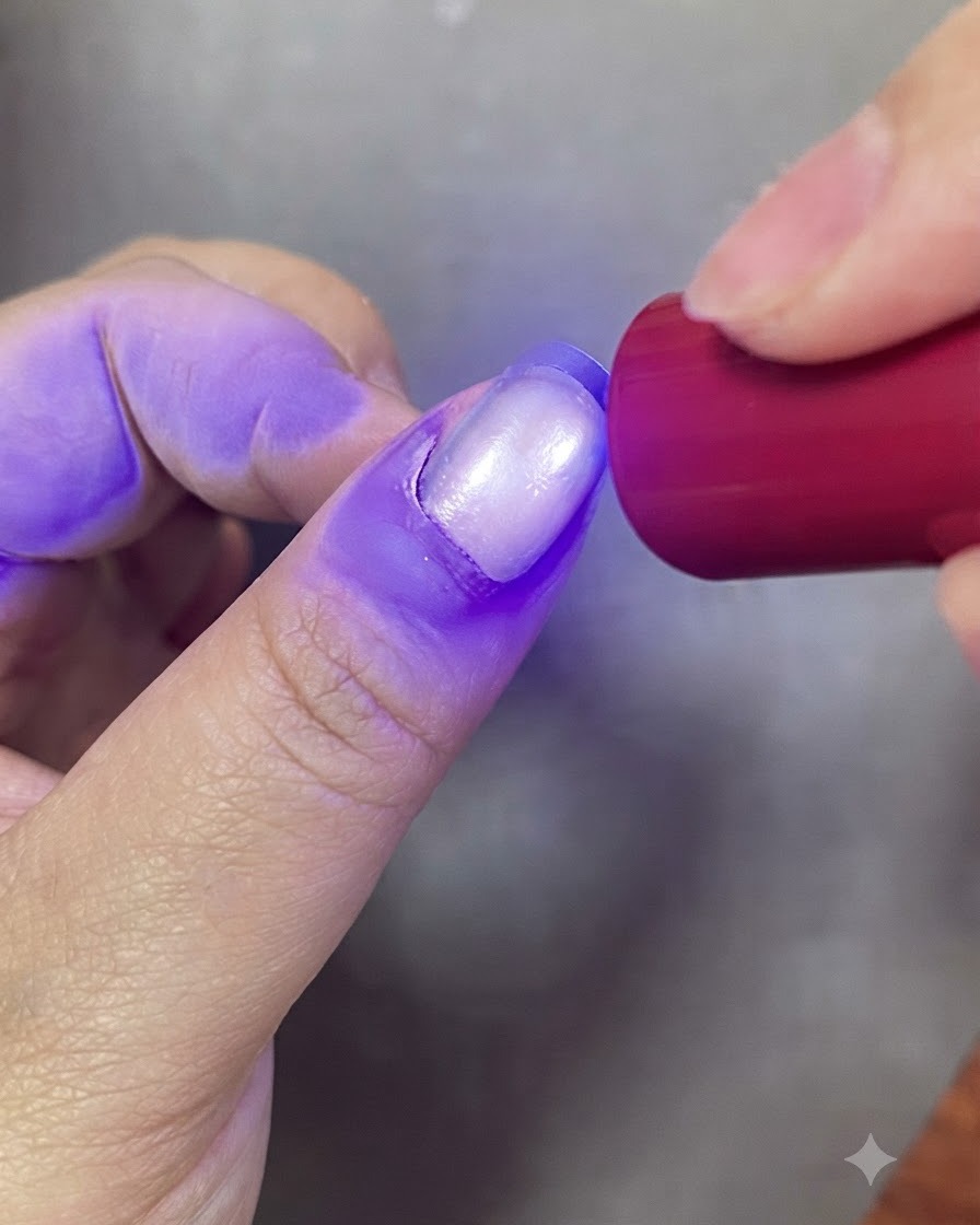 A fingernail curing under the purple light of a UV nail lamp.