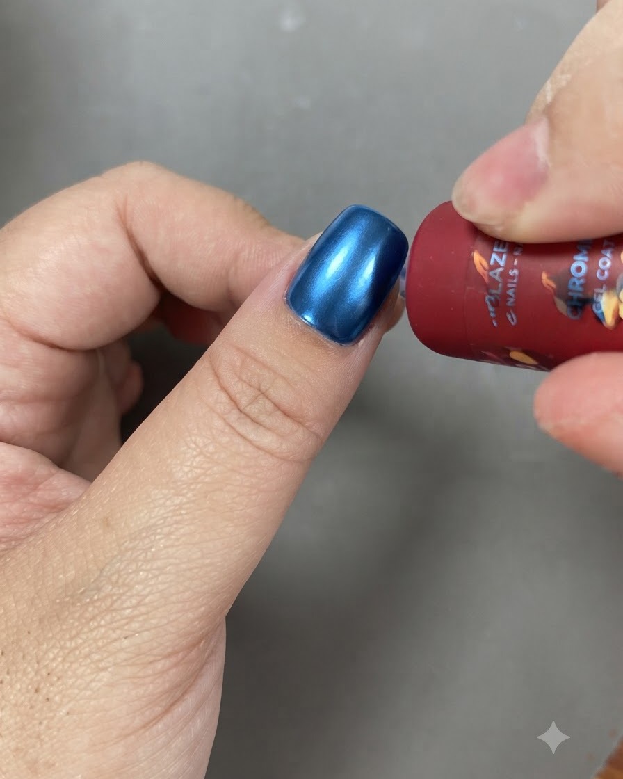 A gel brush applying sparkling cat eye polish over a gradient background on a nail.