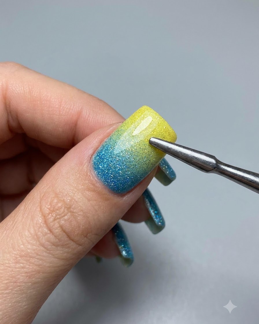 A metal tool with a glass bead magnet held closely above a sparkling gel nail.