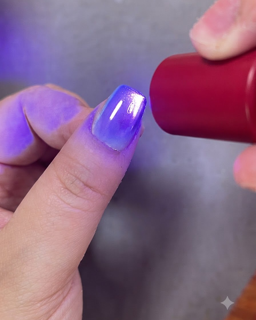 A nail brush applying a clear top coat over a finished gradient and cat eye gel nail design.