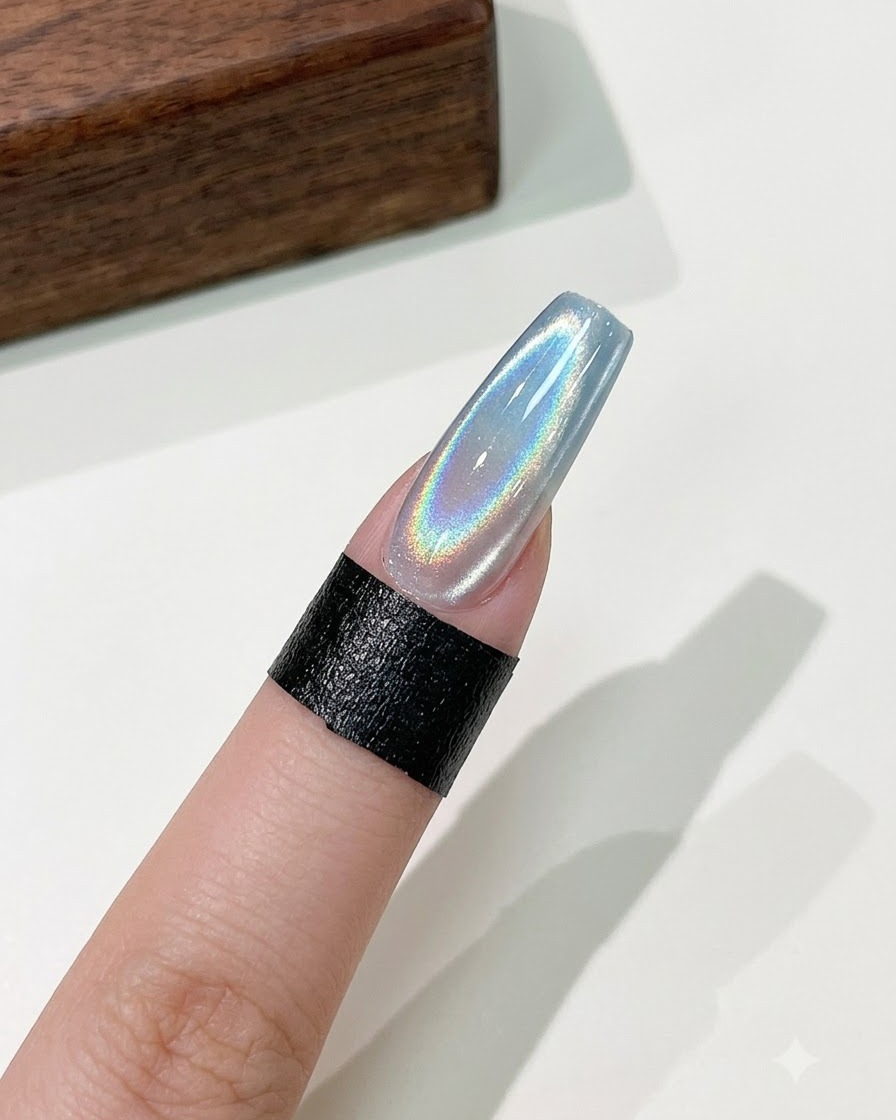 A finished long coffin nail featuring a vibrant holographic cat eye glowing stripe over a gradient background.