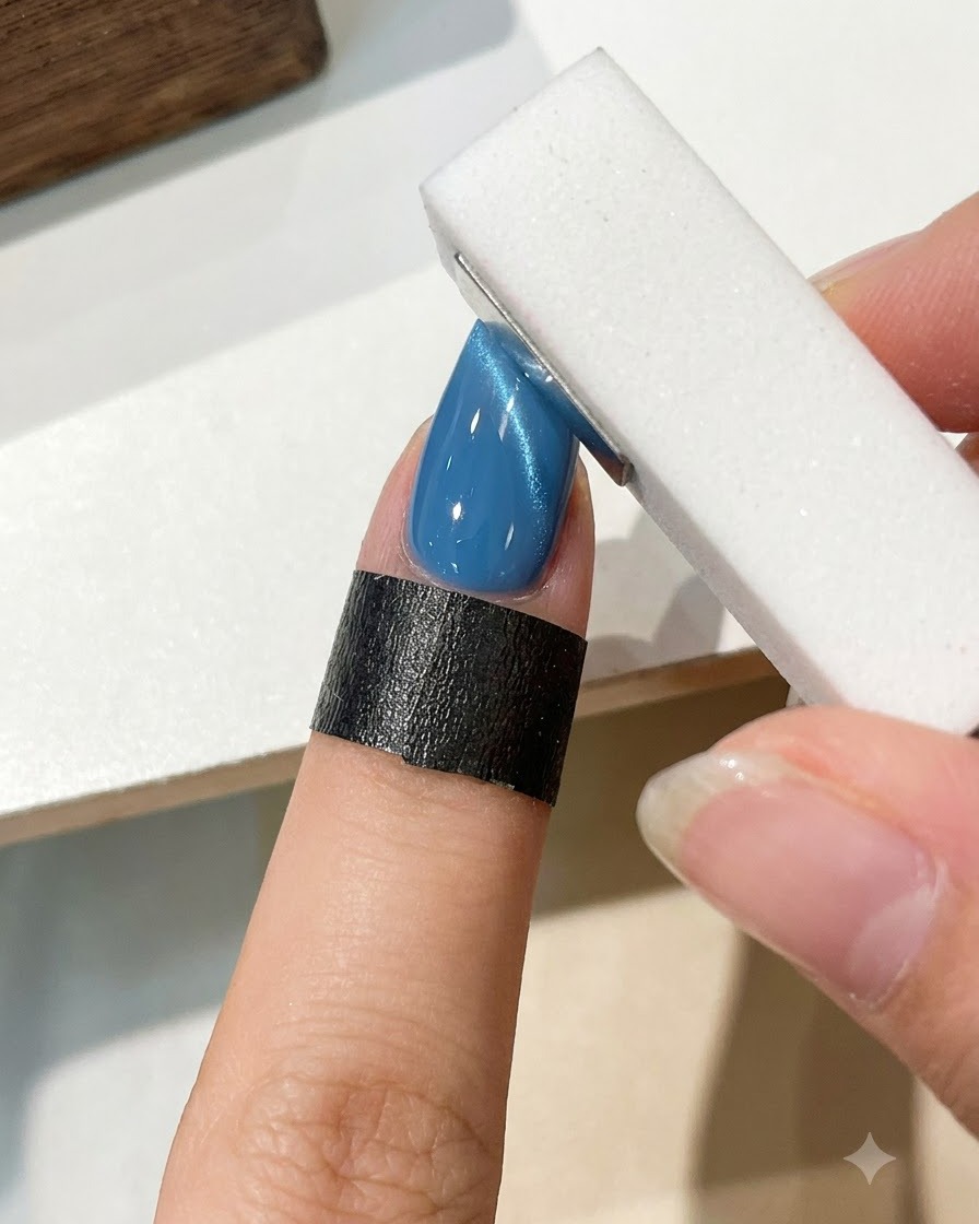 A brush applying a glossy clear top coat over a styled blue cat eye nail.