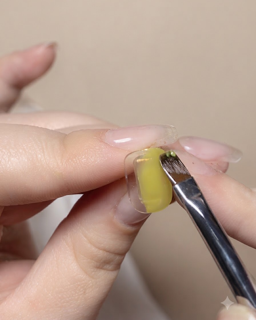 A detailing brush applying green and blue solid gels onto opposite sides of a nail.