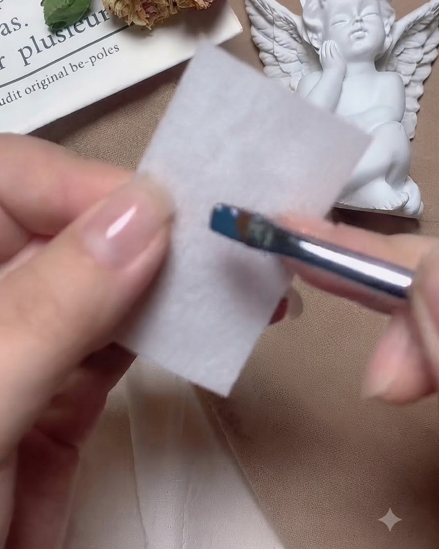 A nail brush being wiped down on a white cleansing wipe.