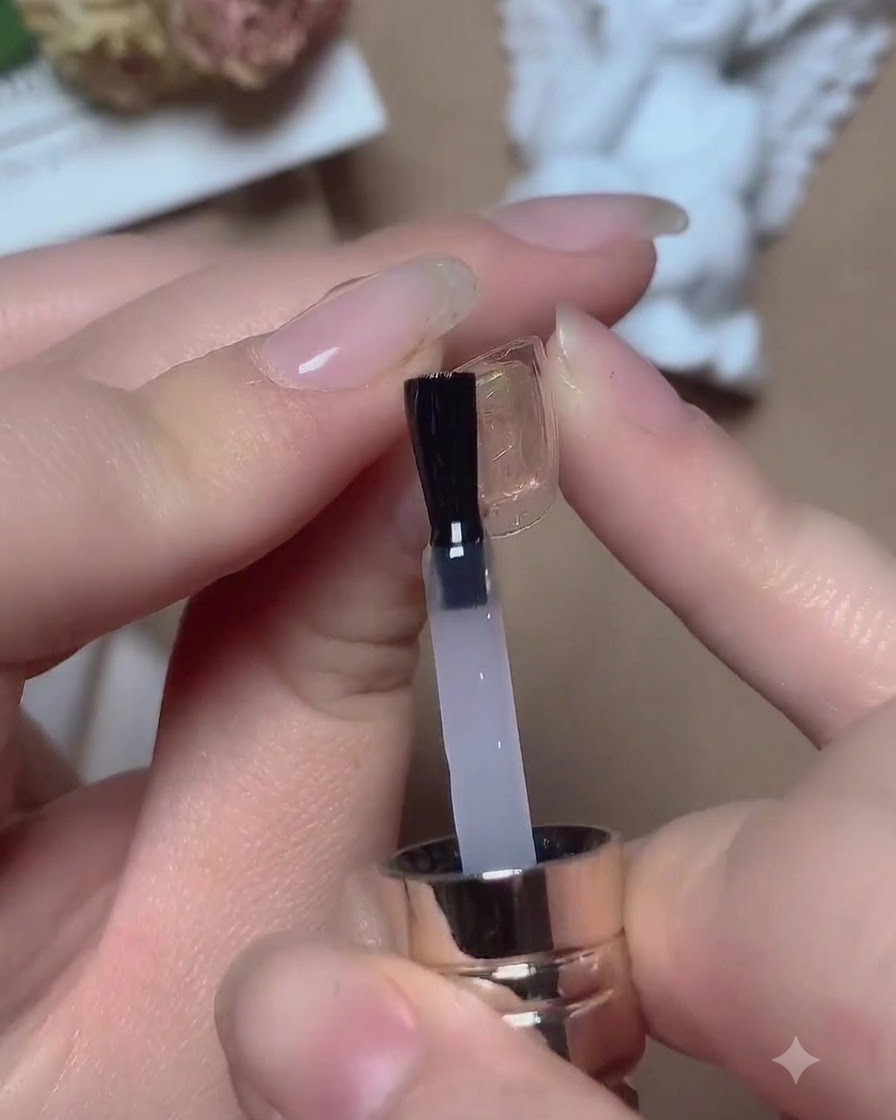 A brush applying clear base coat onto a natural nail plate in a close-up macro view.