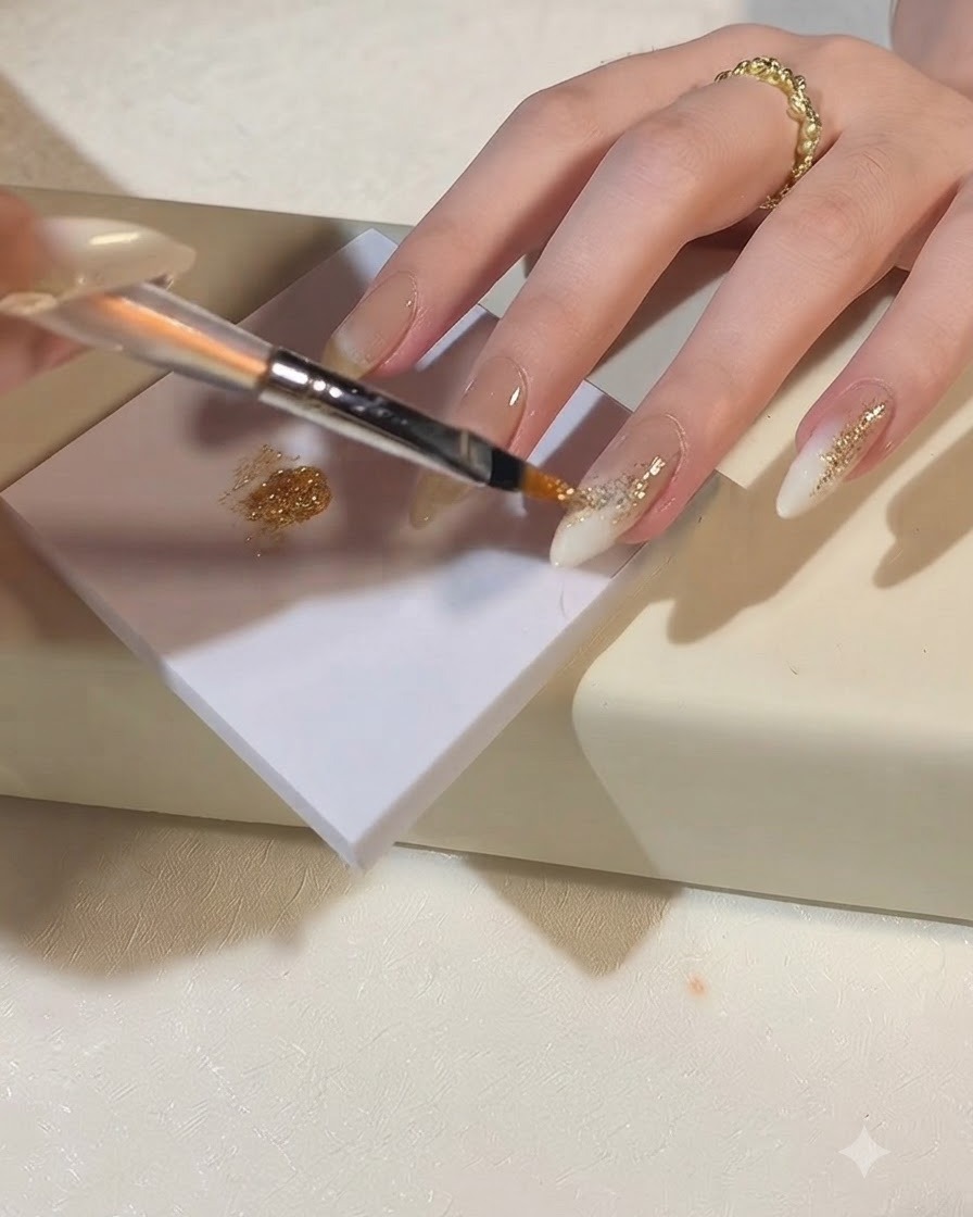A brush dabbing champagne gold glitter onto an accented zone near the nail base.