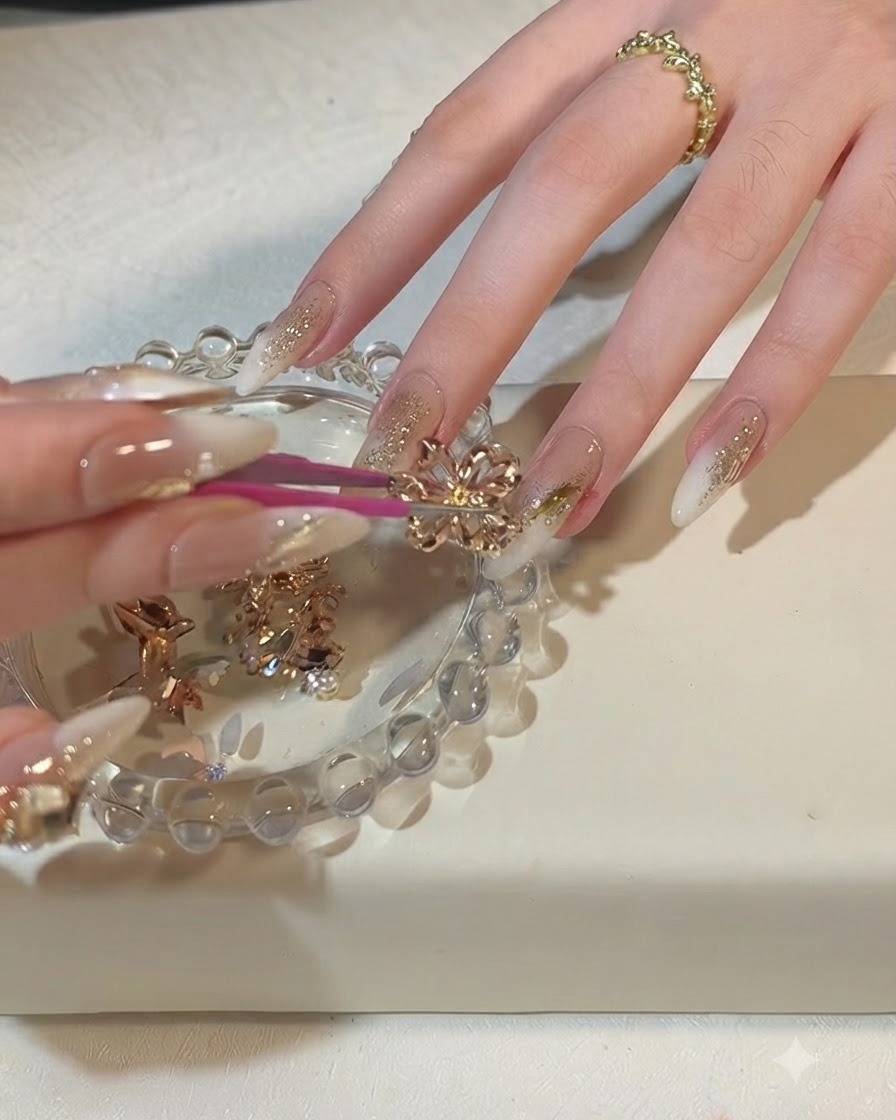 A close-up of a pair of pink tweezers placing a large sparkling crystal gemstone onto a decorated fingernail.