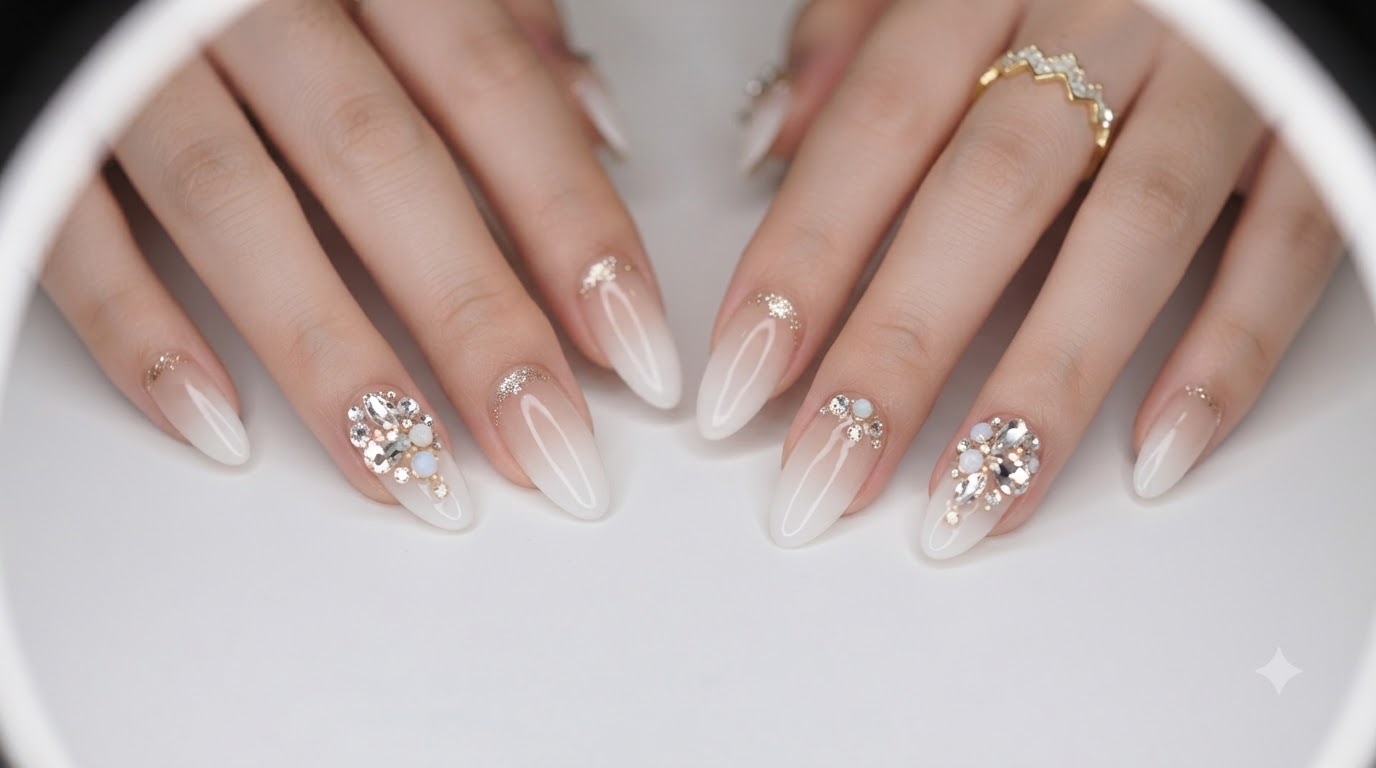 Milky White Ombre Nails with Champagne Gold Rhinestones — Step-by-Step Tutorial